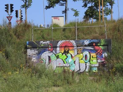 901828 Afbeelding van een graffitikunstwerk op een muurtje op de tijdelijke graffitivrijplaats ('De Kuil van Leidsche ...